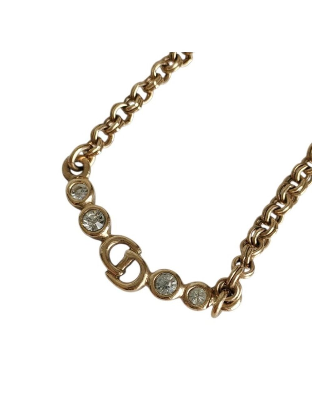 Dior Vintage Logo Rhinestone Chain Necklace Gold Plated Colored